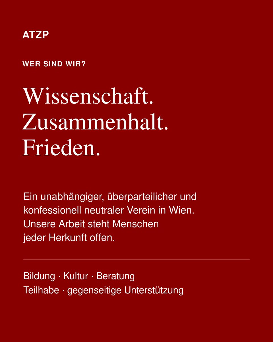 ATZP_'s tweet photo. Bildung. Zusammenhalt. Frieden.

ATZP ist ein unabhängiger, überparteilicher und konfessionell neutraler Verein in Wien. Wir verbinden Menschen durch Bildung, Kultur und gegenseitige Unterstützung.

#ATZP #DeutschTürkisch #Wien https://t.co/BeS7dbyf35
