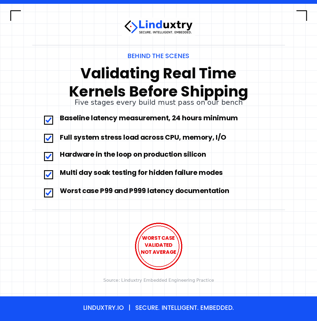 LinduxtryDE's tweet photo. Before a real time kernel ships, it faces 24 hrs baseline tests, full system stress load, hardware in the loop validation, multi day soak testing and worst case P99/P999 documentation.

Average latency never mattered. Worst case decides if it is safe.

#RealTimeSystems #Linduxtry https://t.co/j1JsSkAuUO