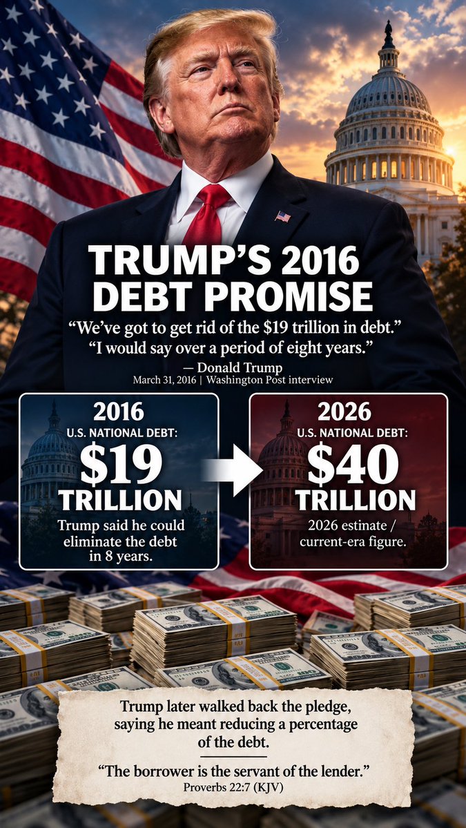 crossingjordan8's tweet photo. Trump’s $19 Trillion Promise: How Did We Get to $40 Trillion?

What happened—and what does America’s debt mean for the future?

“The borrower is the servant of the lender.” — Proverbs 22:7 https://t.co/iqUCSIuQ3L