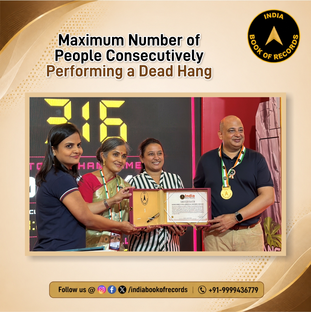 indiabookrecord's tweet photo. Timezone Entertainment Private Limited, Mumbai Suburban, Maharashtra, has entered the India Book of Records for the Maximum Number of People Consecutively Performing a Dead Hang.
#indiabookofrecords #timezone #deadhang #endurancetraining #strengthchallenge #fitness #ibr https://t.co/7oF2du3Etb