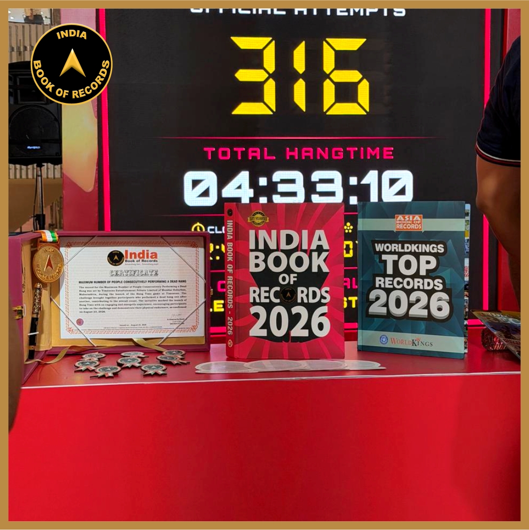 indiabookrecord's tweet photo. Timezone Entertainment Private Limited, Mumbai Suburban, Maharashtra, has entered the India Book of Records for the Maximum Number of People Consecutively Performing a Dead Hang.
#indiabookofrecords #timezone #deadhang #endurancetraining #strengthchallenge #fitness #ibr https://t.co/7oF2du3Etb