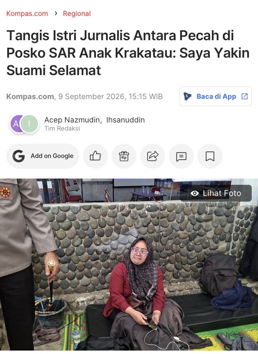 txtdrimedia's tweet photo. sampai detik ini, rombongan jurnalis yg hilang masih belum ditemukan

𖥔 pemilik speedboat, sandi sempat dikirimin foto gunung anak krakatau oleh guide yg diambil dari jarak 3 km

𖥔 sandi memastikan rombongan hilang setelah ada beberapa rombongan kapal media jg yg pulang dari anak krakatau 

𖥔 tangis istri salah 1 jurnalis yg hilang pecah saat mendatangin posko SAR. kak desi yakin suami & rombongannya masih selamat (amin)

𖥔 sebelum berangkat suaminya sempat kirim foto "otw krakatau"

𖥔 sekitar 200 personel gabungan dikerahkan 

𖥔 polda banten masih mempertimbangkan pencarian jalur udara, krn situasi erupsi anak krakatau