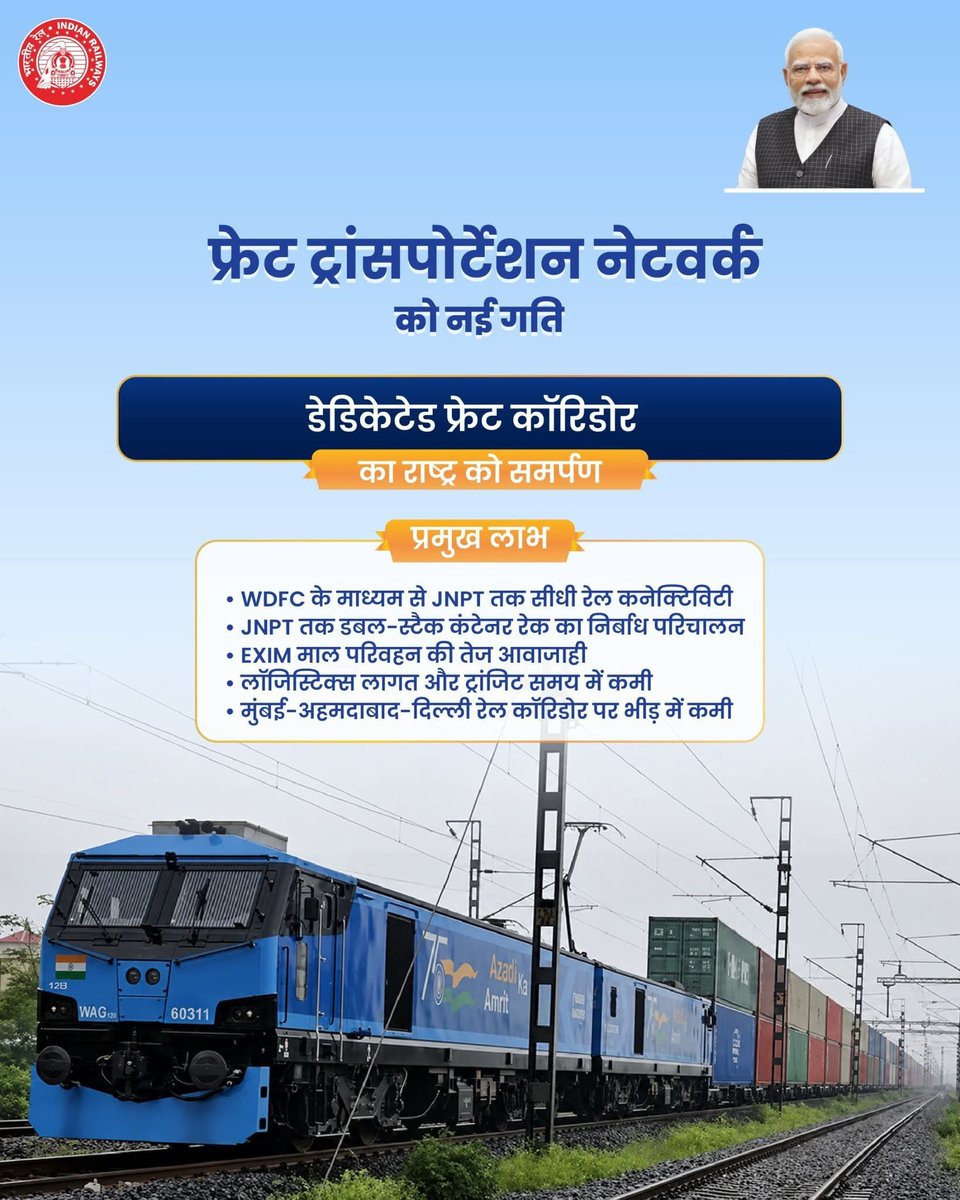 Chandrawalia1's tweet photo. कनेक्टिविटी बढ़ने से देश की अर्थव्यवस्था को मिली नई ताकत श्री @narendramodi नेतृत्व में डेडिकेटेड फ्रेट कॉरिडोर देश के लॉजिस्टिक्स नेटवर्क को नई गति दे रहा है।तीन सेक्शन राष्ट्र को समर्पित होने के साथ महाराष्ट्र, गुजरात, राजस्थान, हरियाणा और उत्तर प्रदेश को बेहतर रेल कनेक्टिविटी https://t.co/GHKTKnsmBp