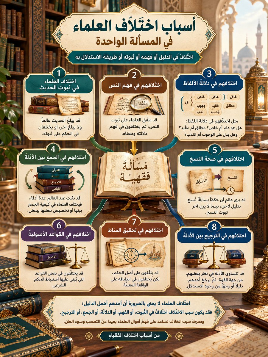 Abu__Sulaiman's tweet photo. لماذا يختلف العلماء في المسألة الواحدة، مع اتفاقهم على الكتاب والسنة؟

الاختلاف قد يكون في ثبوت الدليل، أو فهمه، أو دلالته، أو الجمع والترجيح.

في هذا الإنفوجرافيك 8 أسباب مهمة 👇

#طلب_العلم #الفقه #علوم_الشريعة https://t.co/jvAsqdgagW