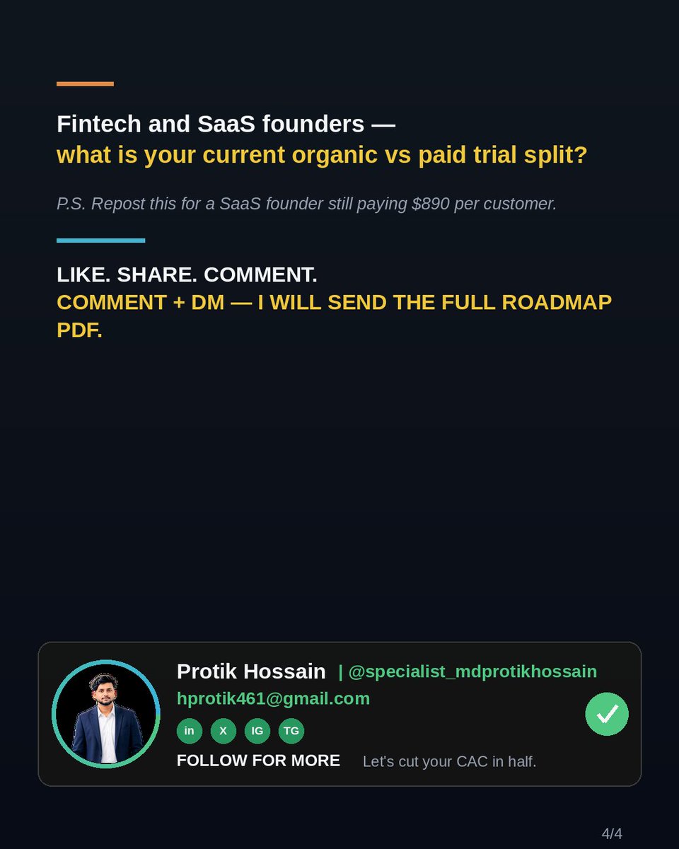 mdprotikhossain's tweet photo. Fintech and SaaS founders — what is your current organic vs paid trial split? https://t.co/1UoP1JqKeO