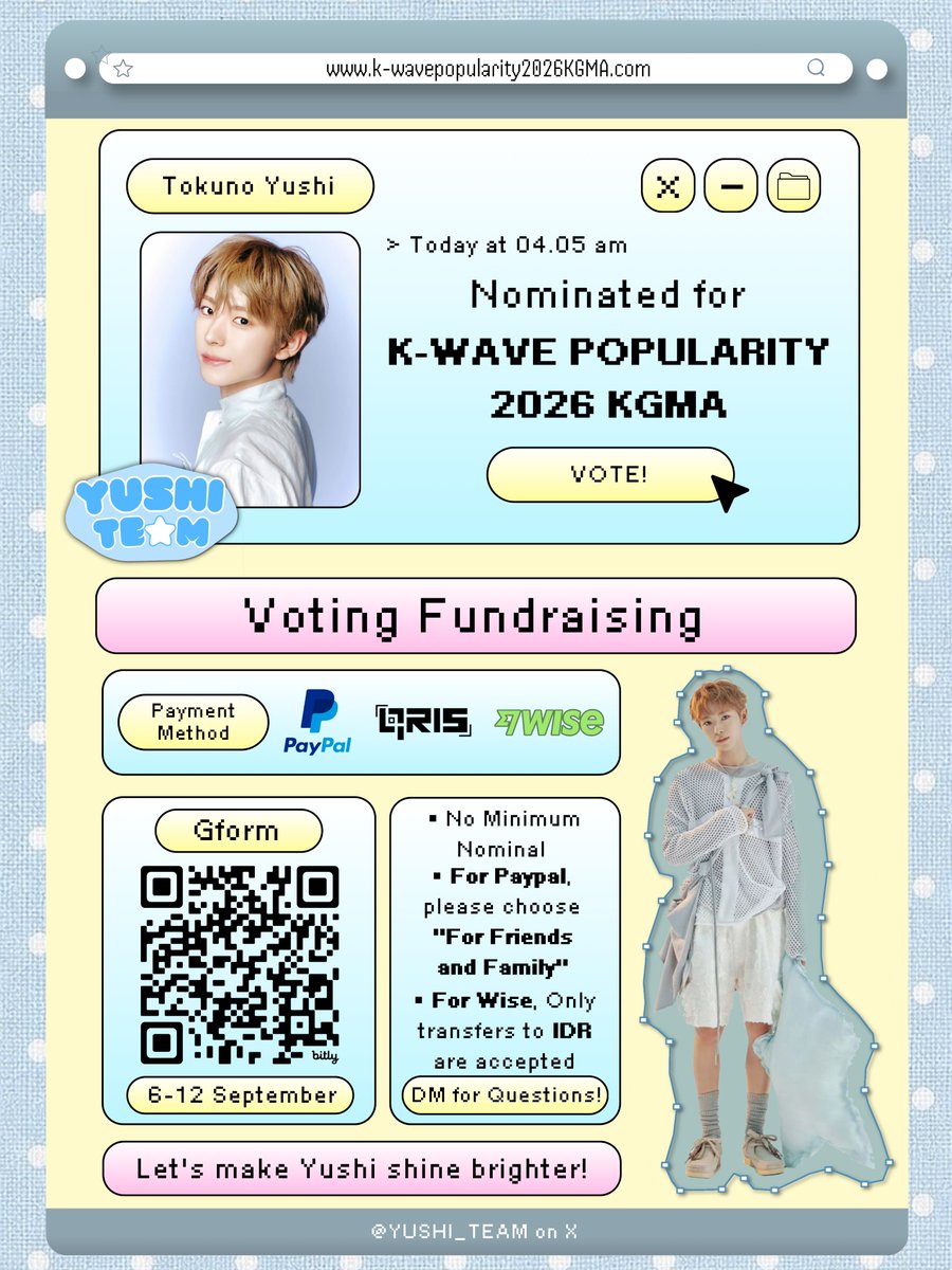 YUSHI_TEAM's tweet photo. 🚨‼️ D-3. WE NEED YOUR HELP NOW, YUUFANS‼️🚨

The gap is getting smaller, and we only have 3 DAYS left until #YUSHI voting for Coogong: K-WAVE POPULARITY 2026 KGMA ends. We NEED to keep pushing harder, so PLEASE VOTE as much as you can and HELP US WITH FUNDS if you’re able to contribute! 😭 Every vote and every contribution matters, and we truly need everyone’s help right now!

📢 @YUSHI_TEAM is currently collecting funds for Yushi’s KGMA voting project. Even a small contribution can help us secure more votes!

🗳️ Voting ends : Sept 12, 23:59 KST
🔗 https://t.co/weQXuPbh1F
💰 Funds : https://t.co/zNjVRNM1gM

PLEASE VOTE & SUPPORT YUSHI NOW 😭🩵

#YUSHI #유우시 #勇志 
#ユウシ #NCTWISH