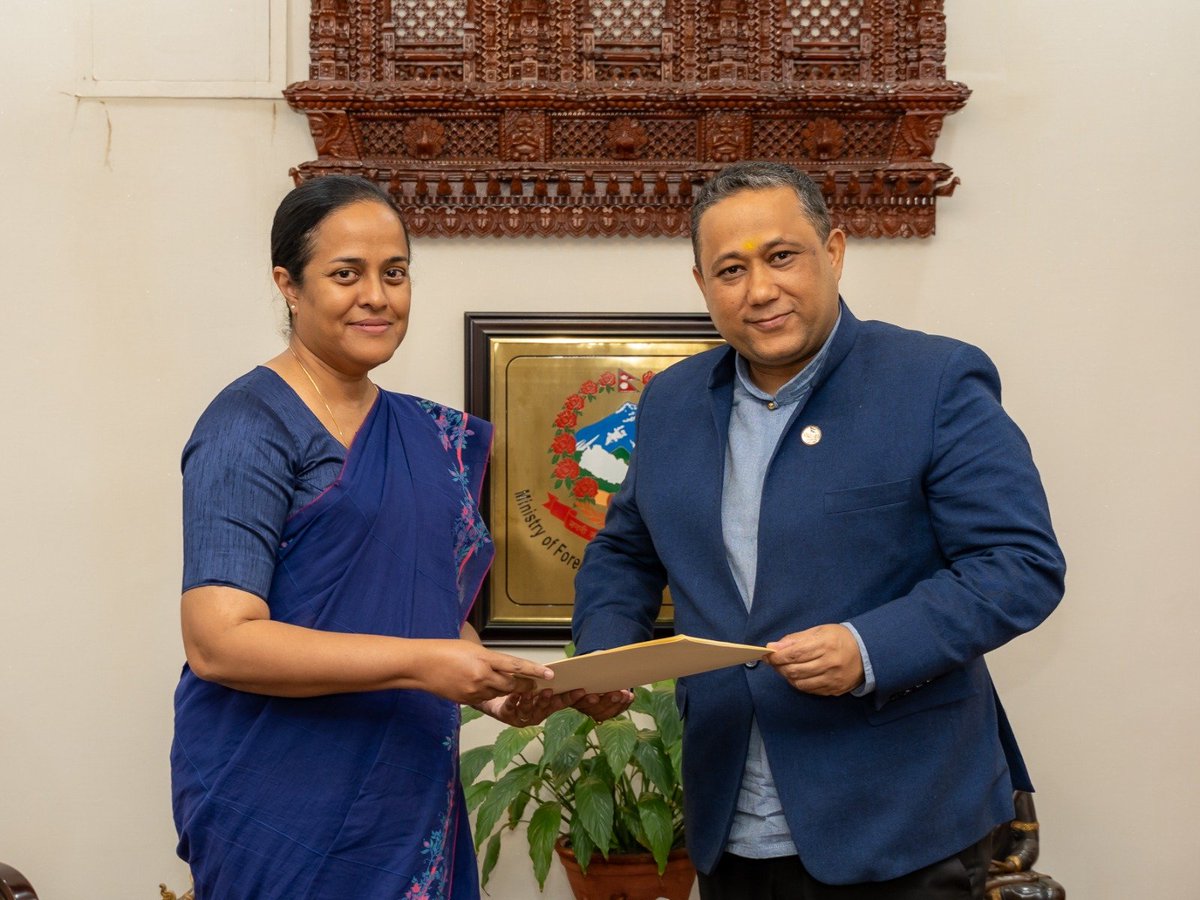 MofaNepal's tweet photo. H.E. Ms. Ruwanthi Delpitiya, Ambassador of Sri Lanka, paid a courtesy call on Hon. Foreign Minister Mr. Shisir Khanal at the Ministry of Foreign Affair today afternoon. 

H. E. Delpitiya conveyed deepest condolences and solidarity of the Goverment and people of Sri Lanka to the Government and people of Nepal at this challenging time. 

The Ambassador also handed over a financial contribution of US $ 1 million from the Government of Sri Lanka to support ongoing humanitarian and relief efforts following the devastating floods.

Hon. Minister expressed his deep gratitude to the Government and people of Sri Lanka for the solidarity and support extended to Nepal, which reflects deep-rooted friendship and mutual cooperation between the two nations.