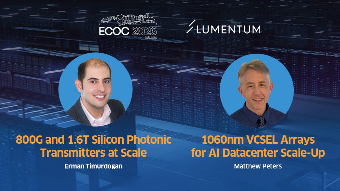 Lumentum's tweet photo. Catch @Lumentum experts at these #ECOC2026 presentations on Sept. 23:

1️⃣ Pushing Terabits: 800G and 1.6T Silicon Photonic Transmitters at Scale

2️⃣ Performance, Reliability and Manufacturability of 1060nm VCSEL Arrays for AI Datacenter Scale-Up

Details: https://t.co/QXfdZ249Xg https://t.co/3eL8lkcoT8