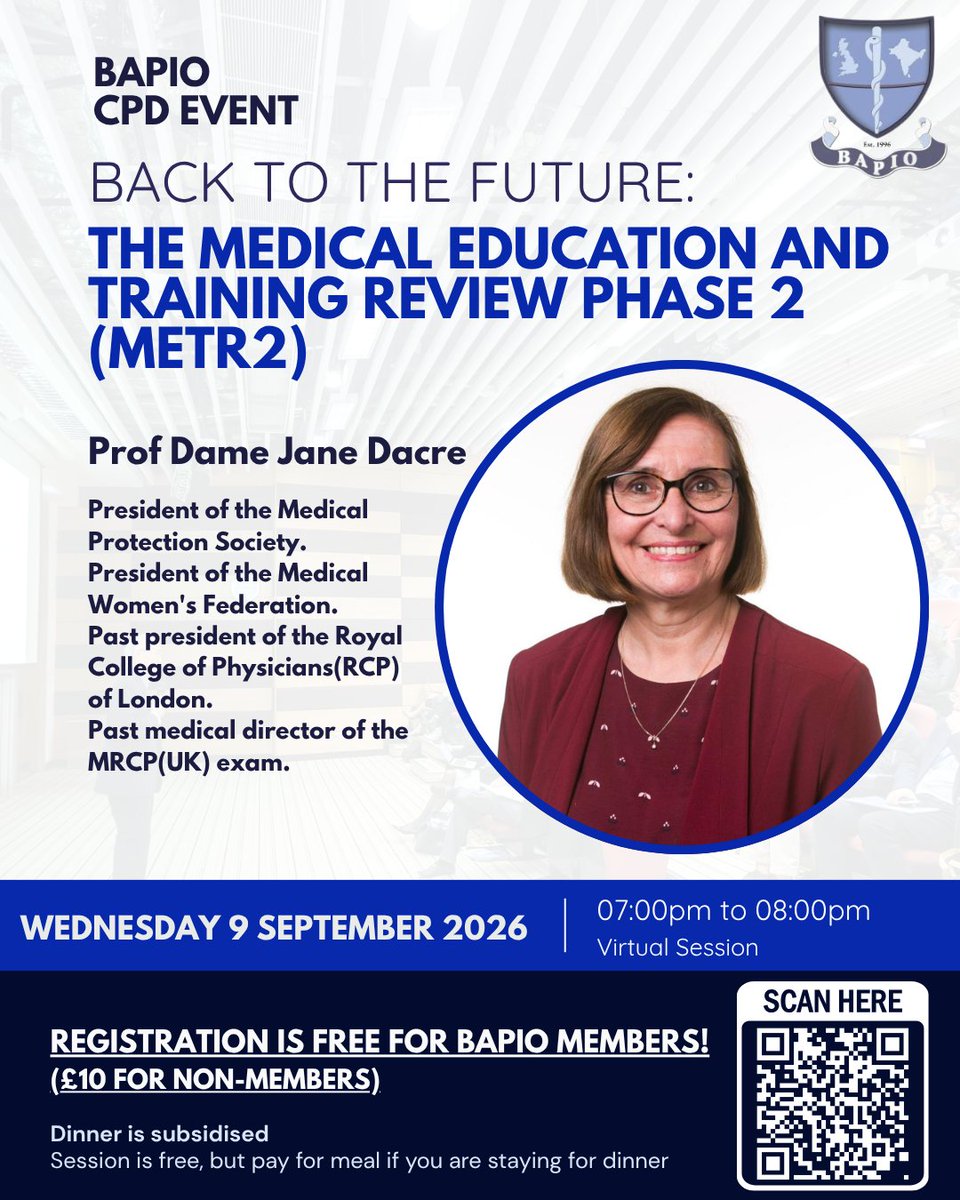 BAPIOUK's tweet photo. 📷 Sushruta Series - Back to the Future: The Medical Education and Training Review Phase 2 (METR2)

📅 9 September
🕘 7:00 PM – 8:00 PM
📍 Virtual session

📧 Register now: https://t.co/ARXxHXDPgW

✅ Registration is free for BAPIO members (£10 for non-members)

#BAPIO https://t.co/glcvfWpLXT