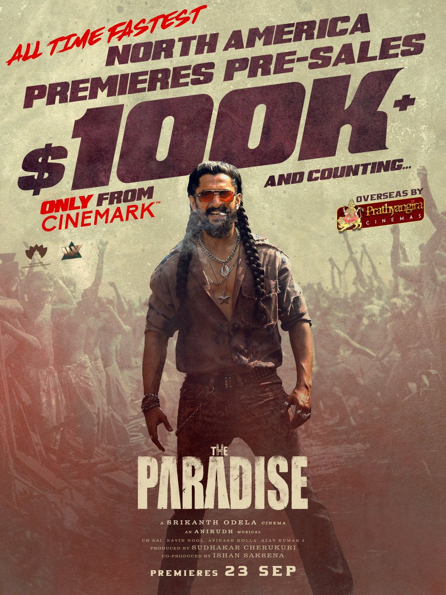 GulteOfficial's tweet photo. Not a celebrated Superstar.
No prior update on when bookings would go live.
No hefty ticket prices like other pan-India films.
Bookings opened on just a single chain...

Despite all these factors,

#TheParadise NORTH AMERICA PRE-SALES REGISTERED THE ALL-TIME FASTEST $100K. https://t.co/KvqMOnQIot