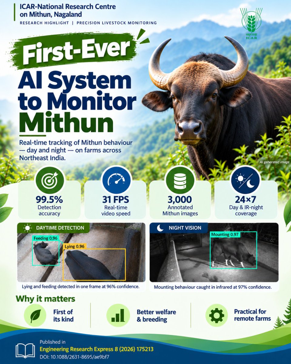 icarindia's tweet photo. AI meets Mithun! ICAR–NRC on Mithun uses CCTV + YOLOv8n + DeepSORT to track feeding, standing, lying &amp; mounting 24×7, supporting better animal care. 
Research Article: https://t.co/8moTb0iw5i
#ICAR #AIforAgriculture @ChouhanShivraj @PIB_India https://t.co/SMEHMrA61l