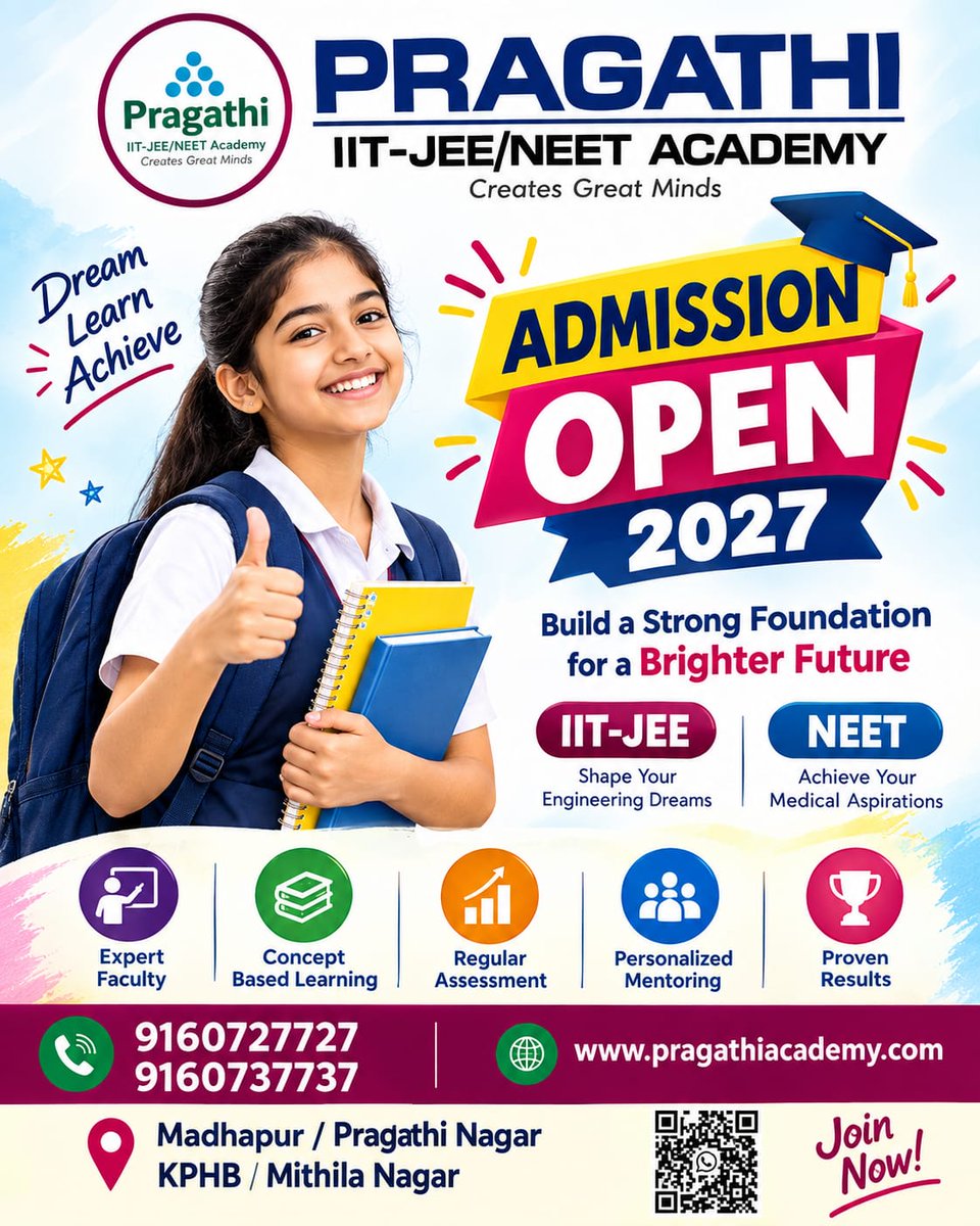 shimmerpixie596's tweet photo. Build a strong foundation for IIT-JEE and NEET with expert faculty, concept-based learning, regular assessments, personalized mentoring, and proven results. Start your journey toward success today!
#PragathiAcademy #IITJEE #NEET #AdmissionsOpen #FutureReady https://t.co/aFZD5yab1M