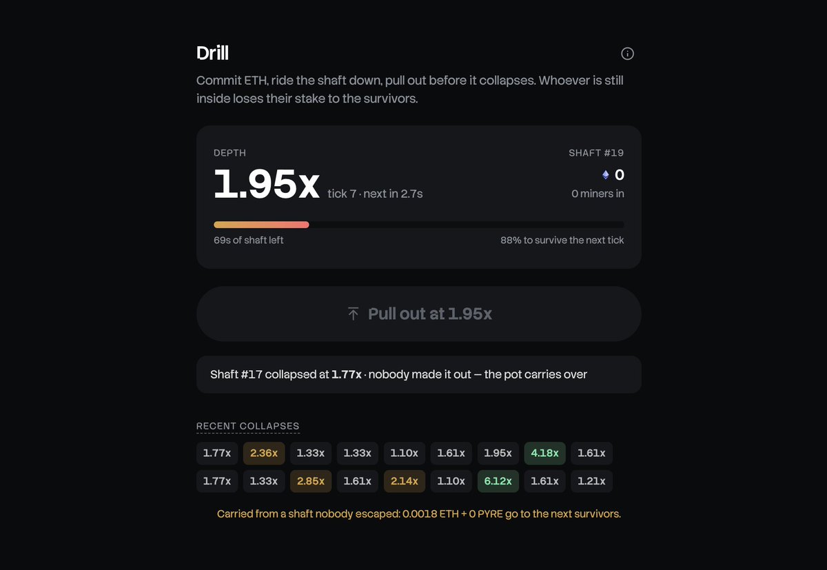 usepyre's tweet photo. Drill is live on PYRE

A shaft opens. You put ETH in. Depth climbs every 3 seconds.

Pull out before it collapses, or stay in and your stake goes to whoever made it out. Deeper ride, bigger share.

Collapse is a drand beacon that does not exist yet. Nobody knows the tick. Not you. Not us.

90% of revenue is going back into $PYRE buybacks.

→ https://t.co/qrBoSiJhuU