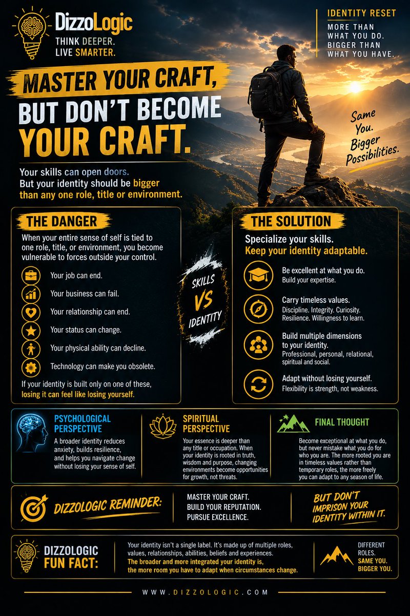 DizzoLogic0101's tweet photo. Master your craft.

Build the career.

Become exceptional.

But don’t become so attached to your role that losing it makes you question your existence.

Your job can disappear.
Your business can fail.
Your relationship can end.
Your status can change. https://t.co/zG3Cm6sQK9