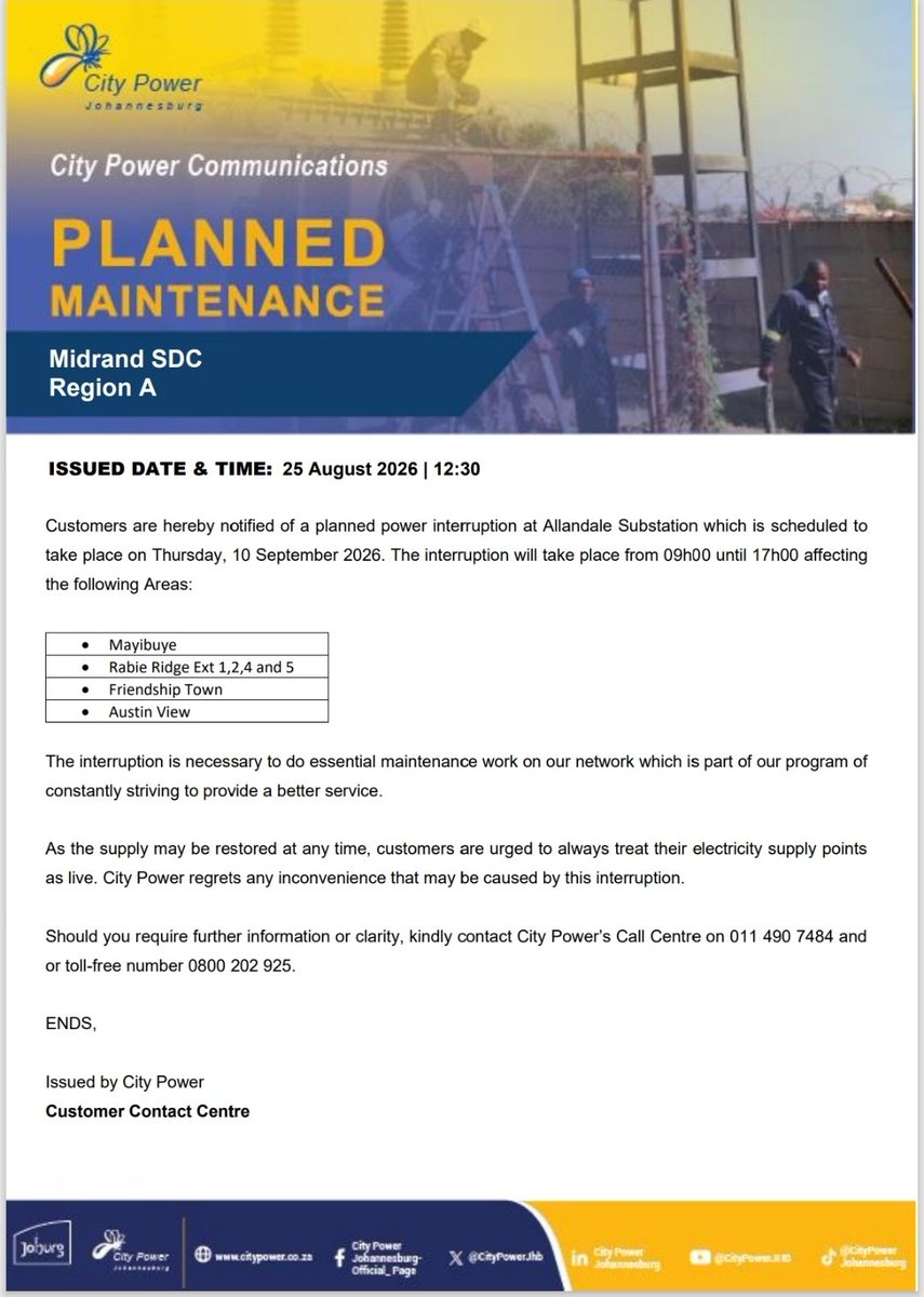 CityPowerJhb's tweet photo. #MidrandUpdates #CityPowerUpdates
Reminder.^TM https://t.co/TScCDlGP2v