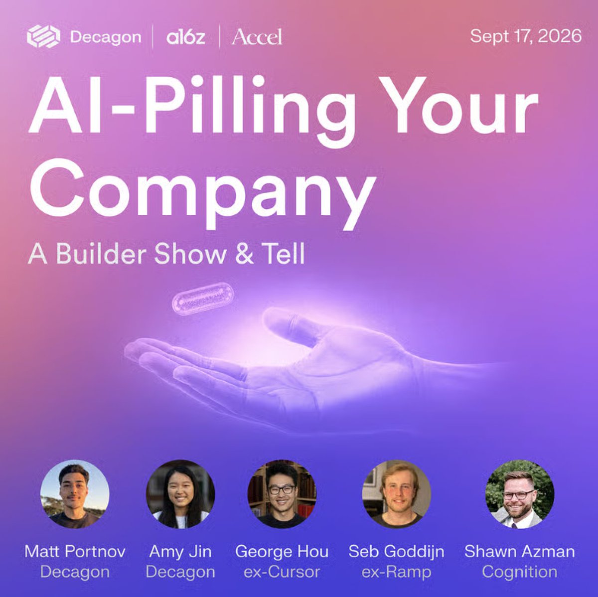 MattnPortnov's tweet photo. Internal AI moved beyond eng, and changed how every function works.

We're hosting builders / former operators who've built internal AI system to talk learnings, and what's next.
- @DecagonAI
- Former builders at @tryramp @cursor_ai
- @cognition

Link below! @Accel @a16z https://t.co/GCbWNYj1nf