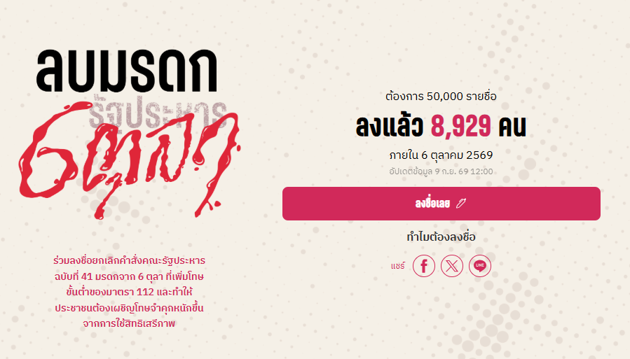 piyarak_s's tweet photo. อีก 71 คนจะ 9,000 แต่ยังต้องการอีก

10,000 รายชื่อ อาจเพียงพอสำหรับการเสนอร่างกฎหมายฉบับประชาชน แต่ในกระบวนการตรวจสอบอาจมีรายชื่อที่หายไประหว่างทาง แต่ถ้าเป็น 50,000 ความหนักแน่นของการยืนยันให้ #ลบมรดกรัฐประหาร6ตุลา อย่างการแก้ ป.อ. ม. 112 จะดังขึ้นอีก

https://t.co/1C8GocUrlP https://t.co/8qkYtX6TGV