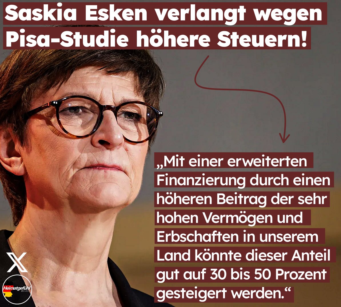 HeimatliebeDE's tweet photo. Einfach nur irre.

Saskia Esken fordert mehr Steuern wegen der neuen, schockierenden PISA-Studie.

Die OECD (Organisation für wirtschaftliche Zusammenarbeit und Entwicklung) führt den Rückgang in Deutschland unter anderem auf die Einwanderung zurück.

Saskia Esken, SPD möchte das Problem jedoch lösen, indem man mehr Steuern zahlt. Bildungsprobleme werden aber nicht gelöst, indem man den Bürgern noch tiefer in die Tasche greift.

Merkt die SPD überhaupt noch etwas?