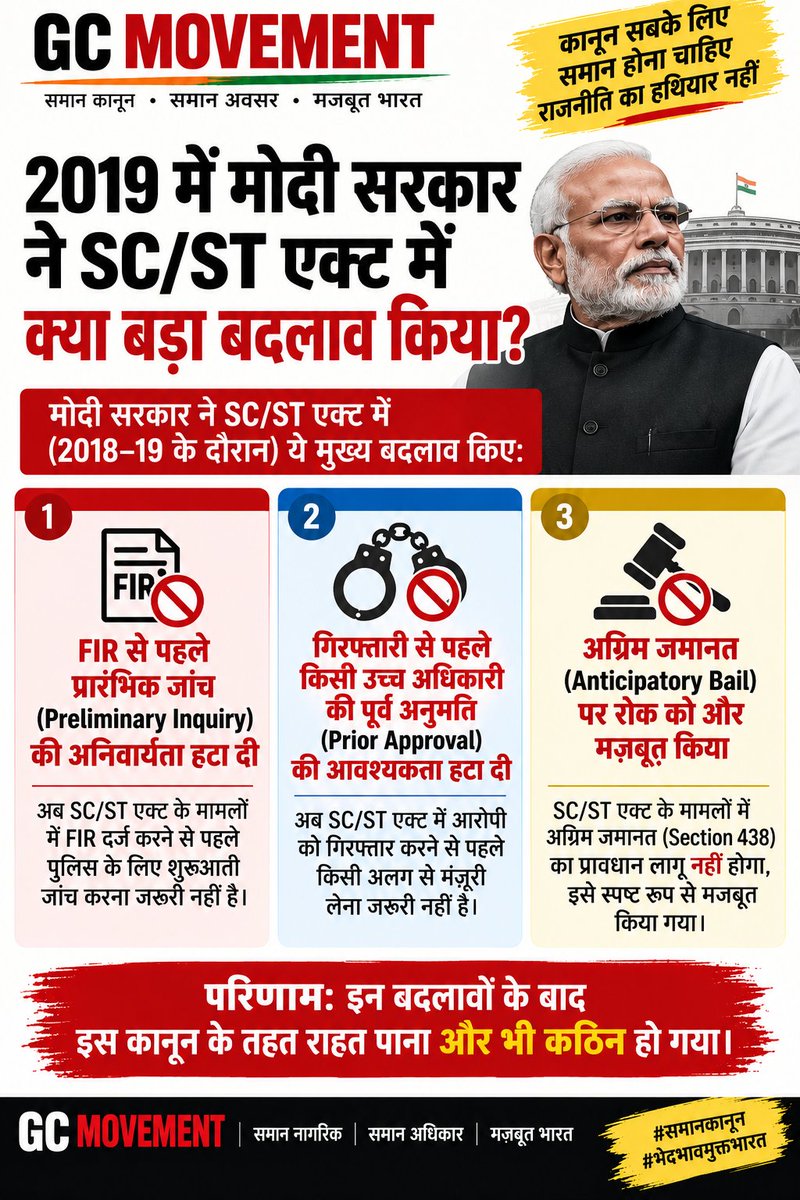GCMovementOrg's tweet photo. In SC ST ACT worst part added by Modi government in 2019.

1. No enquiry before filling FIR
2. No approval before arresting 
3. No bail 🥲 https://t.co/Y1vqJyNsjG