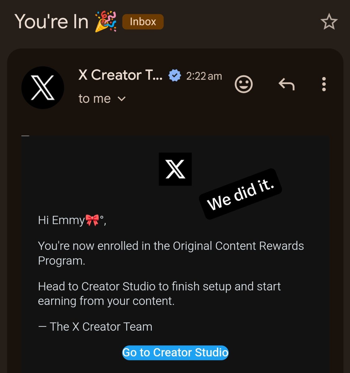 princess_ehmy's tweet photo. To everyone who supported me on this 𝕏 journey, thank you so much.

𝕏 creator team, thank you for letting me IN.

Woke up to my original content reward Application approved.

Please be sure your content are original before applying to this special program.

Congratulations to me, and congratulations to y'all in advance 🥳

We are Active ✅