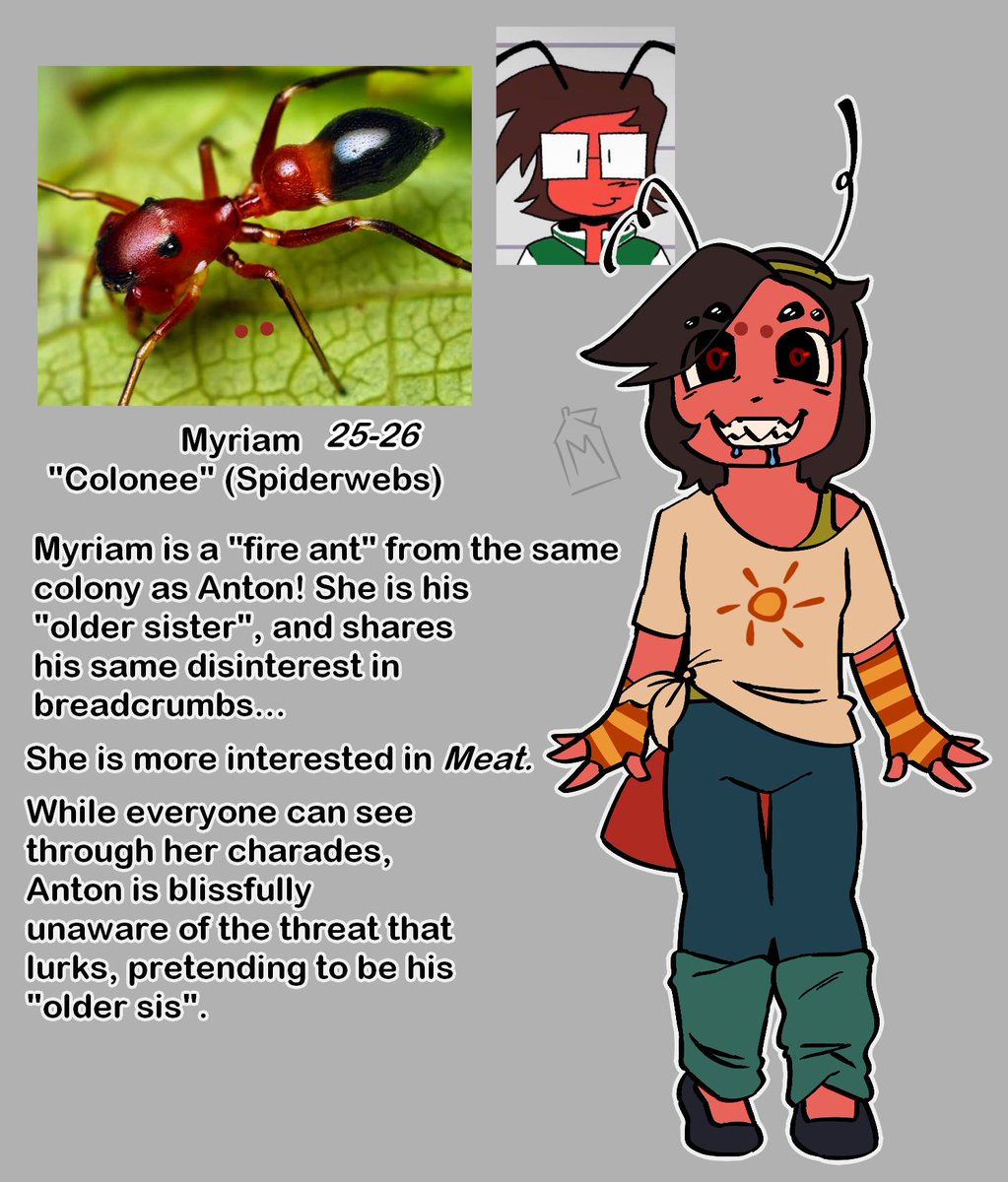 MyriamColonee's tweet photo. 1st Reference for Myriam... my muse! It's subject to change so I will most likely redraw it!

Myriam is a species of jumping spider that mimics ants, specifically.. to *eat* them...
She uses her scent to blend in with the colony, to which, most are fooled. https://t.co/s1YObJEN93