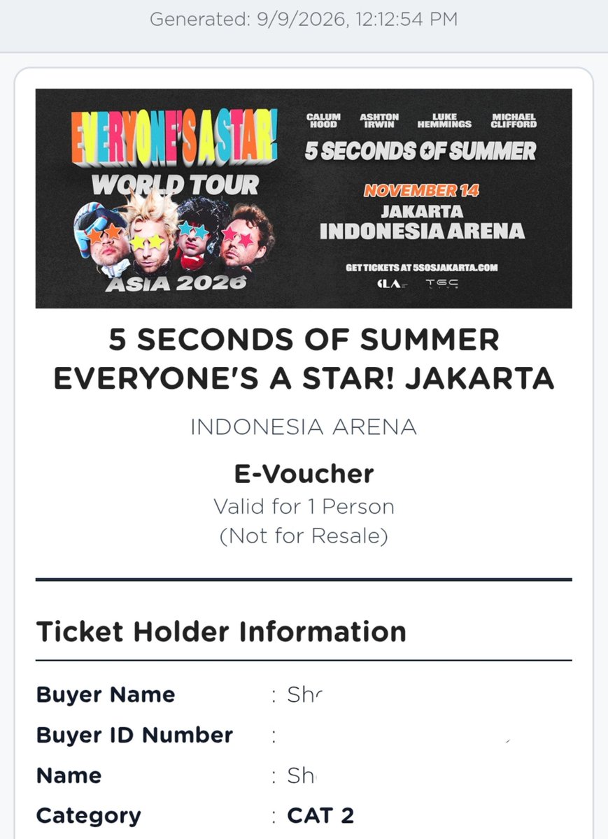 shrimpages's tweet photo. WTS TIKET 5SOS Day 1 (14 November 2026)

1 TIX CAT 2
- tiket pribadi
- dijual karena ada agenda yg gabisa ditinggalin 
- price: 1.800k (negotiable) 

wts wtb tiket 5sos #5sosjakarta #eastourjakarta https://t.co/vckn69jEYX