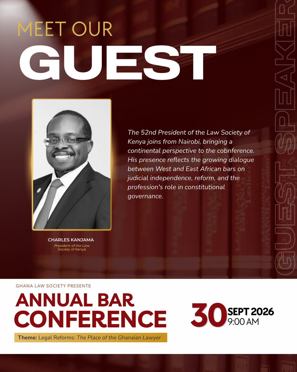GHLawSociety's tweet photo. “A continental voice on the future of the profession.”

Register for the GLS Annual Bar Conference

🗓️ Wednesday, September 30th
📍La Palm Royal Beach Hotel.

https://t.co/iHxOrdPGgB

#GLSBarConference2026
#GhanaLawSociety
#prolegem https://t.co/K4s16dOMw8
