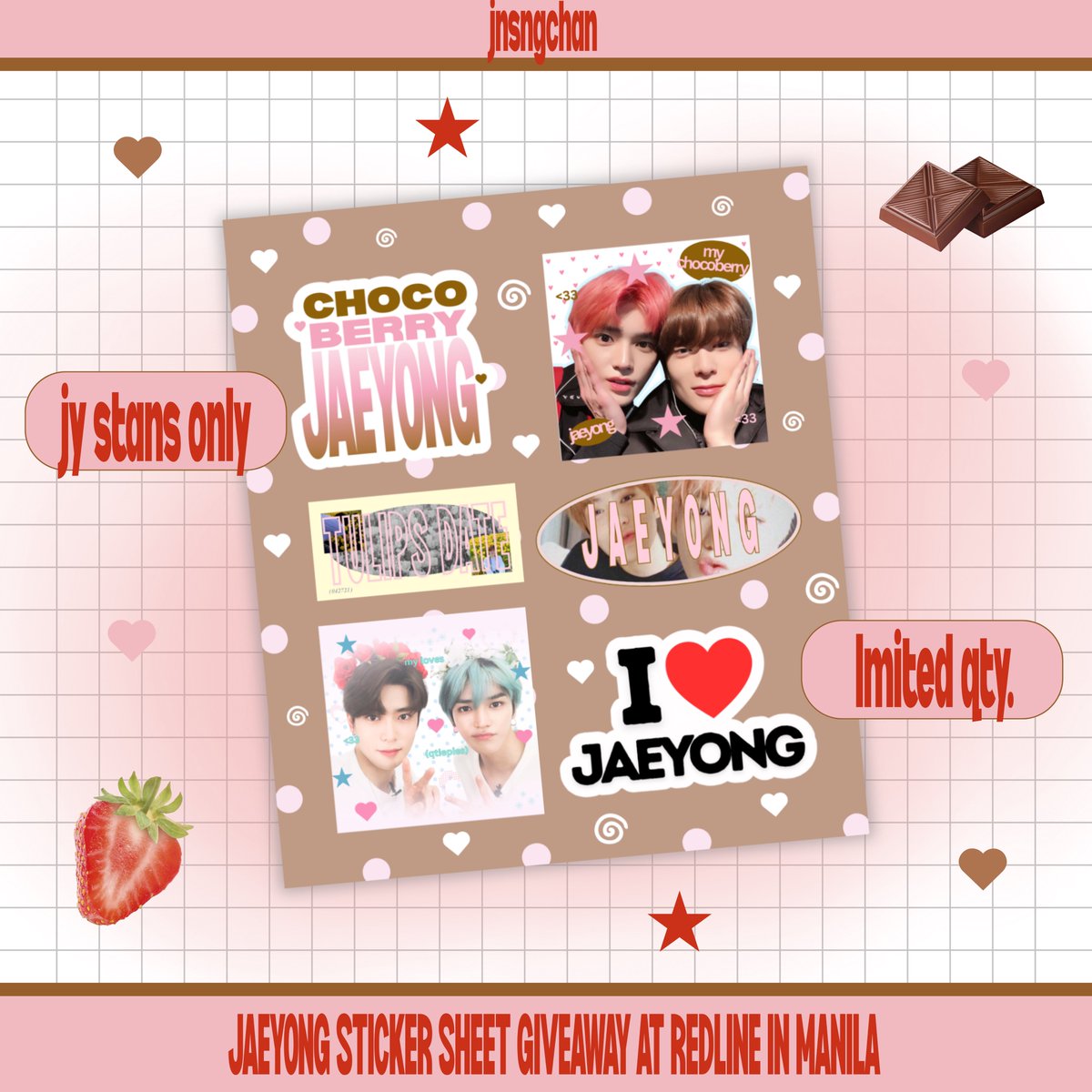 jnsngchan's tweet photo. 🍓JAEYONG STICKER GIVEAWAY🍫

໑ loc &amp; time tba
໑ limited qty.
໑ must be a jaeyong stan

#NCT127_5TH_NEOCITY_THE_REDLINE
#NCT127inMANILA2026 #THEREDLINEinMANILA https://t.co/oW5feCVZhS