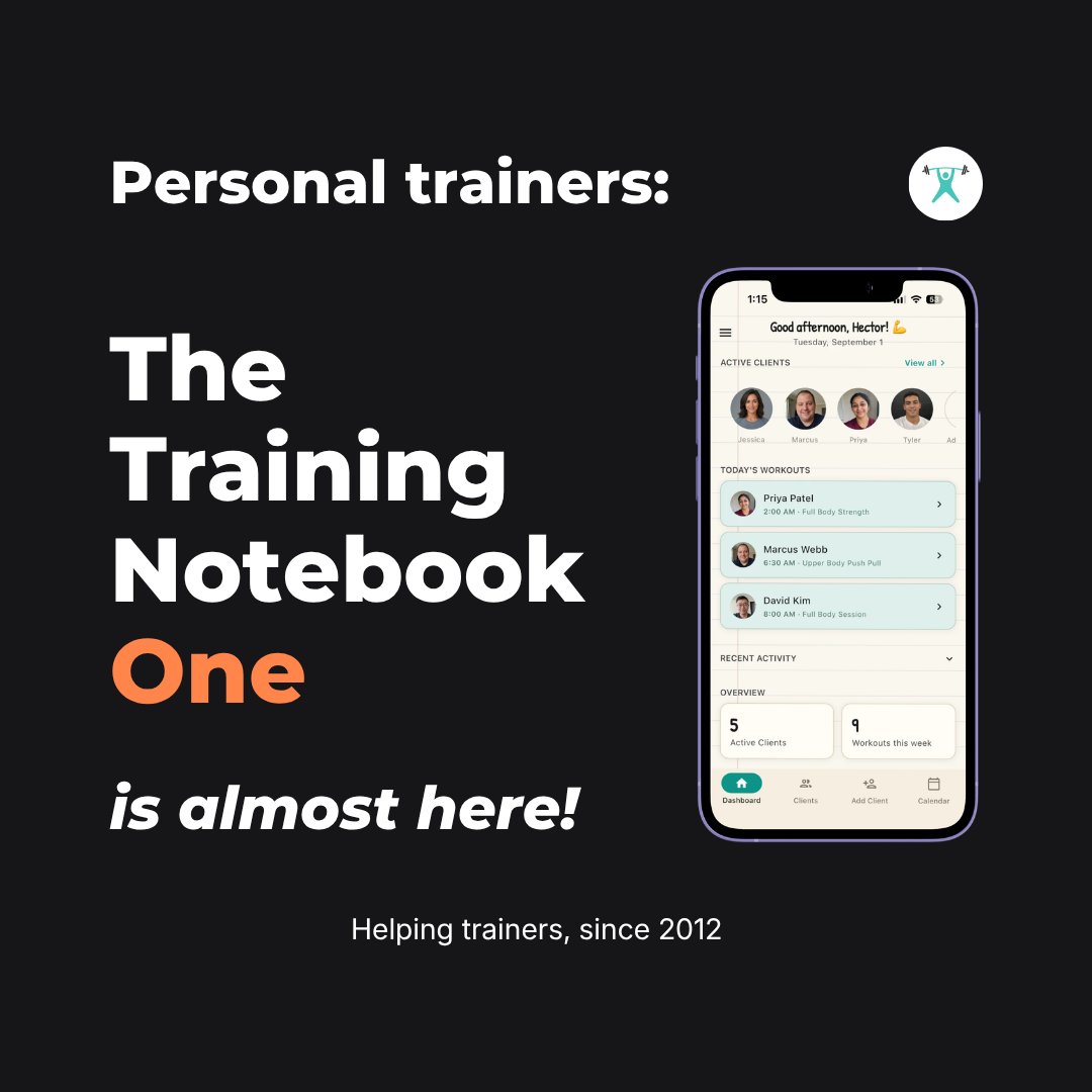 T_Notebook's tweet photo. Personal trainers, this is The Training Notebook One and it's almost here.

I've been on the floor since 2012. This year I rebuilt the app from the ground up, by myself.

Your clients, your sessions, what they did last time.. know the workout before you client arrives. https://t.co/FklcK8g6Ux