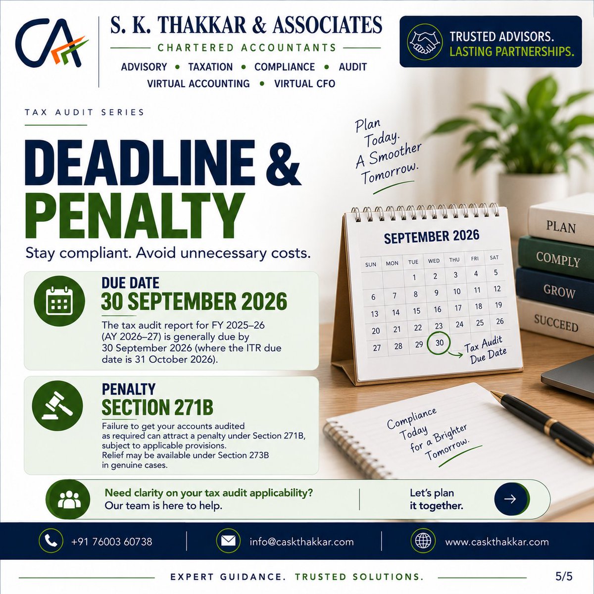 thakkarsagar's tweet photo. Tax Audit under Section 44AB: Know your limits, forms &amp; deadline. 📊

For FY 2025–26, check your applicability before 30 Sept 2026 and stay compliant.

#TaxAudit #Section44AB #TaxCompliance #IncomeTax #SKThakkar https://t.co/VXwk6WWhN7