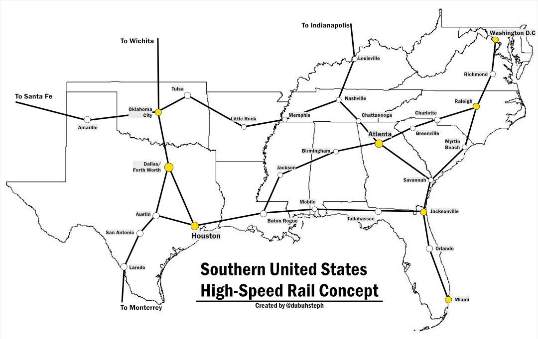 stephalotl's tweet photo. My idea for a High Speed Rail system in the Southern US

Honestly threw this together in the middle of the night and barely awake, so let me know what y'all think https://t.co/4ABZV6t5Ru
