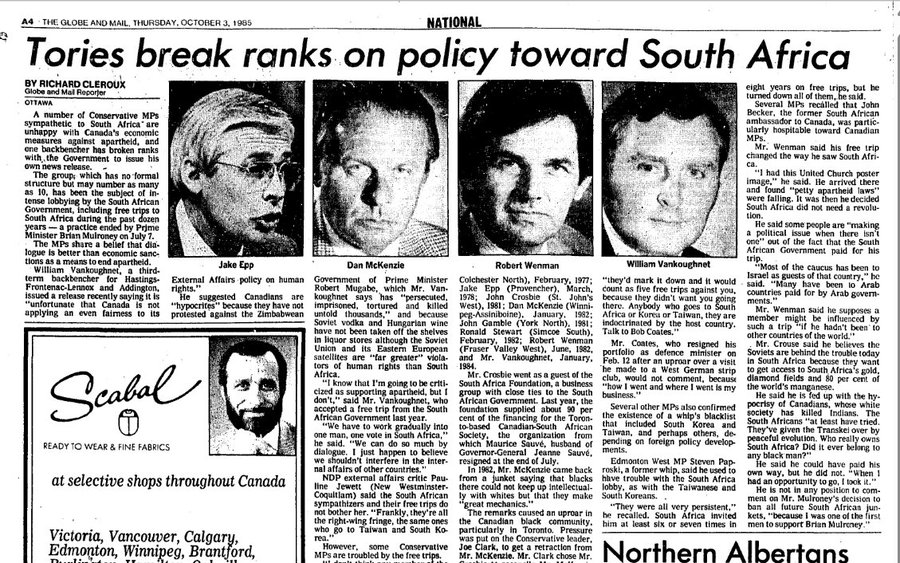 SeanTucker16's tweet photo. "A number of Conservative MPs sympathetic to South Africa are unhappy with Canada's economic measures against apartheid...The group.. has been the subject of intense lobbying by the SA Gov't including free trips to SA... G&amp;M, Oct. 3, 1985. https://t.co/Iv3Wc1CYCv