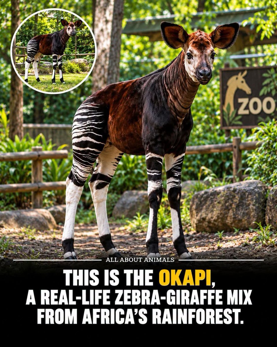 camichapter13's tweet photo. 🔥🦌This is the OKAPI - The Mysterious Zebra-Giraffe of Africa! 

Native to the dense rainforests of the DRC, the Okapi is a unique mammal closely related to the giraffe. It has a dark reddish-brown body, large ears, and striking zebra-like stripes on its hindquarters and legs. https://t.co/uG86NnQagy
