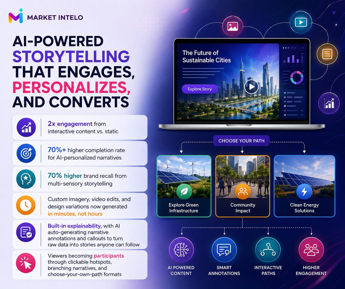 marketintelo's tweet photo. ⚡AI is changing storytelling. #Interactivecontent drives 2× engagement, AI-personalized narratives deliver 70%+ higher completion, and multi-sensory storytelling can boost brand recall by 70%. Yet 78% of brands still rely on static content. 
https://t.co/3MkNT0svM7
#AIMarketing https://t.co/RkYENhG37w