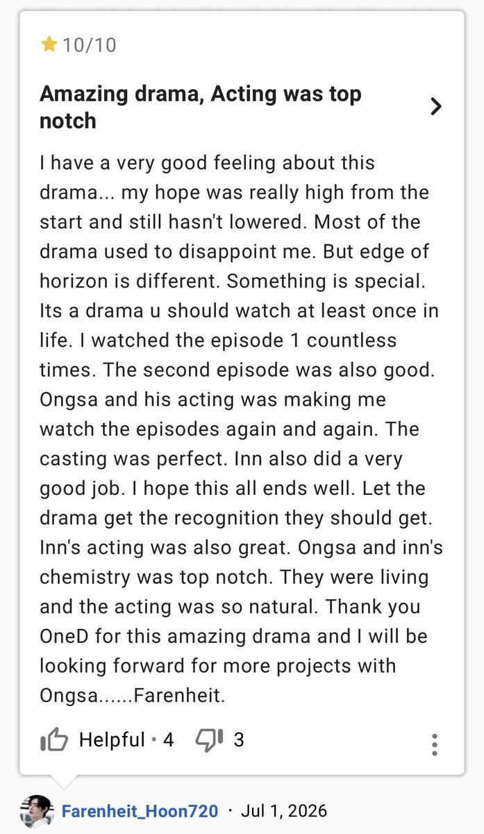 mymelodiannnn's tweet photo. “The Edge of Horizon is the drama you should watch once in life”

อรุณรุ่ง ได้คะแนนรีวิวใน IMDb สูงถึง 8.7/10 ⭐️ ผู้ชมมากมายต่างรีวิวว่า อรุณรุ่งเสิร์ฟการแสดงอย่างมีระดับ องศาและพี่อินได้รับคำชมล้นหลามถึงการแสดงที่โหดจนต้องอึ้ง แถมพล็อตที่สมเหตุสมผล กล้าคิด กล้าทำ กล้าที่จะพูดถึงประเด็นเรื่องชนชั้น และการเมืองยิ่งทำให้อรุณรุ่งไม่เหมือนซีรีย์วายเรื่องอื่นๆ 

ภูมิใจว่ะ 🥹💖

#อรุณรุ่ง 
#TheEdgeofHorizon