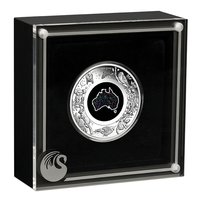 coingemscom's tweet photo. Australia’s nocturnal beauty, captured in silver &amp; natural opal. 

🇦🇺 Australia-shaped Matrix Opal
 1oz 99.99% Pure Silver
 Proof Finish
 Mintage: 5,000
Each natural opal makes every coin unique.
🛒 [https://t.co/WLLiHthuMu]
#CoinGems #PerthMint #OpalCoin #SilverCoins https://t.co/klHoTxnkn8