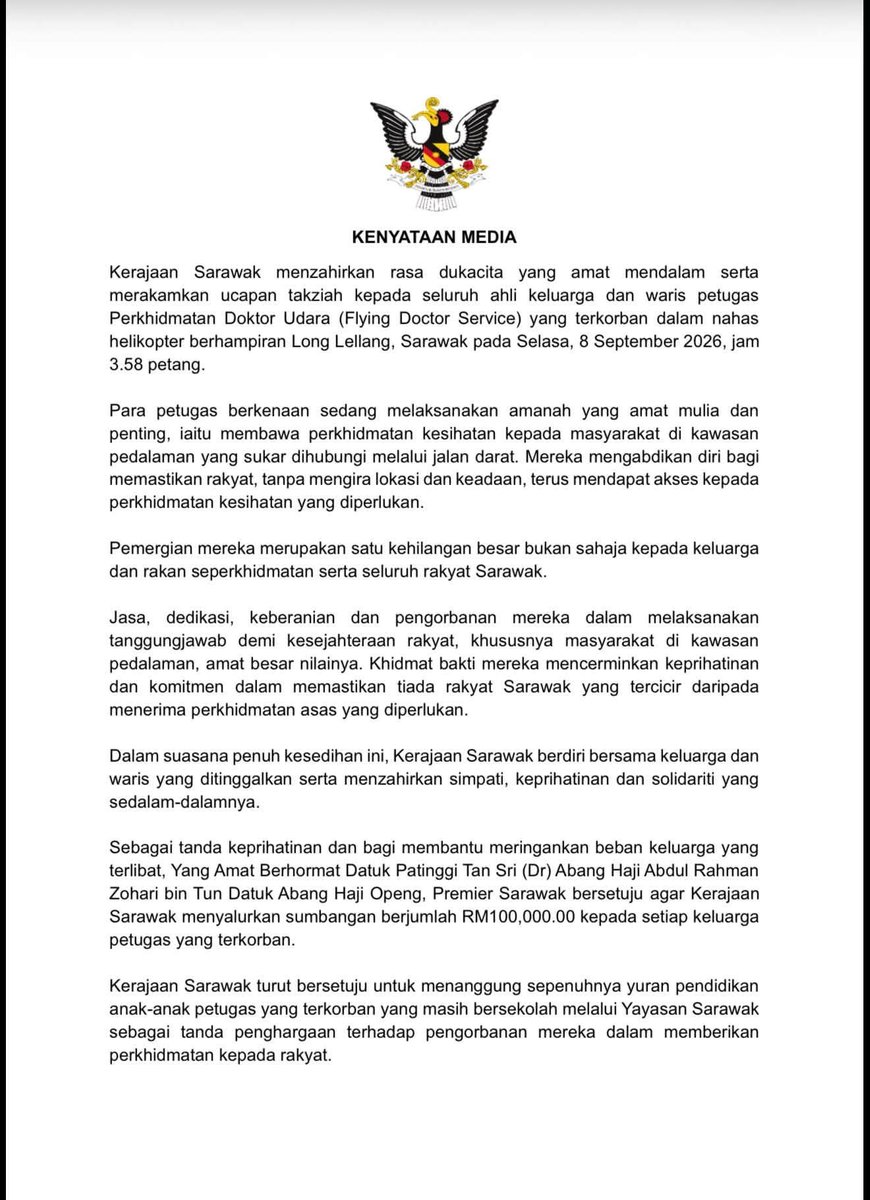 datukhensem's tweet photo. Kerajaan Sarawak akan menyalurkan sumbangan sebanyak RM100,000 kepada setiap keluarga petugas yang terkorban dalam nahas helicopter di Long Lellang, Sarawak.

Kerajaan Sarawak juga akan menanggung sepenuhnya yuran pendidikan anak anak mangsa yang masih bersekolah. 

Salam takziah https://t.co/BUMVFqBQ7e