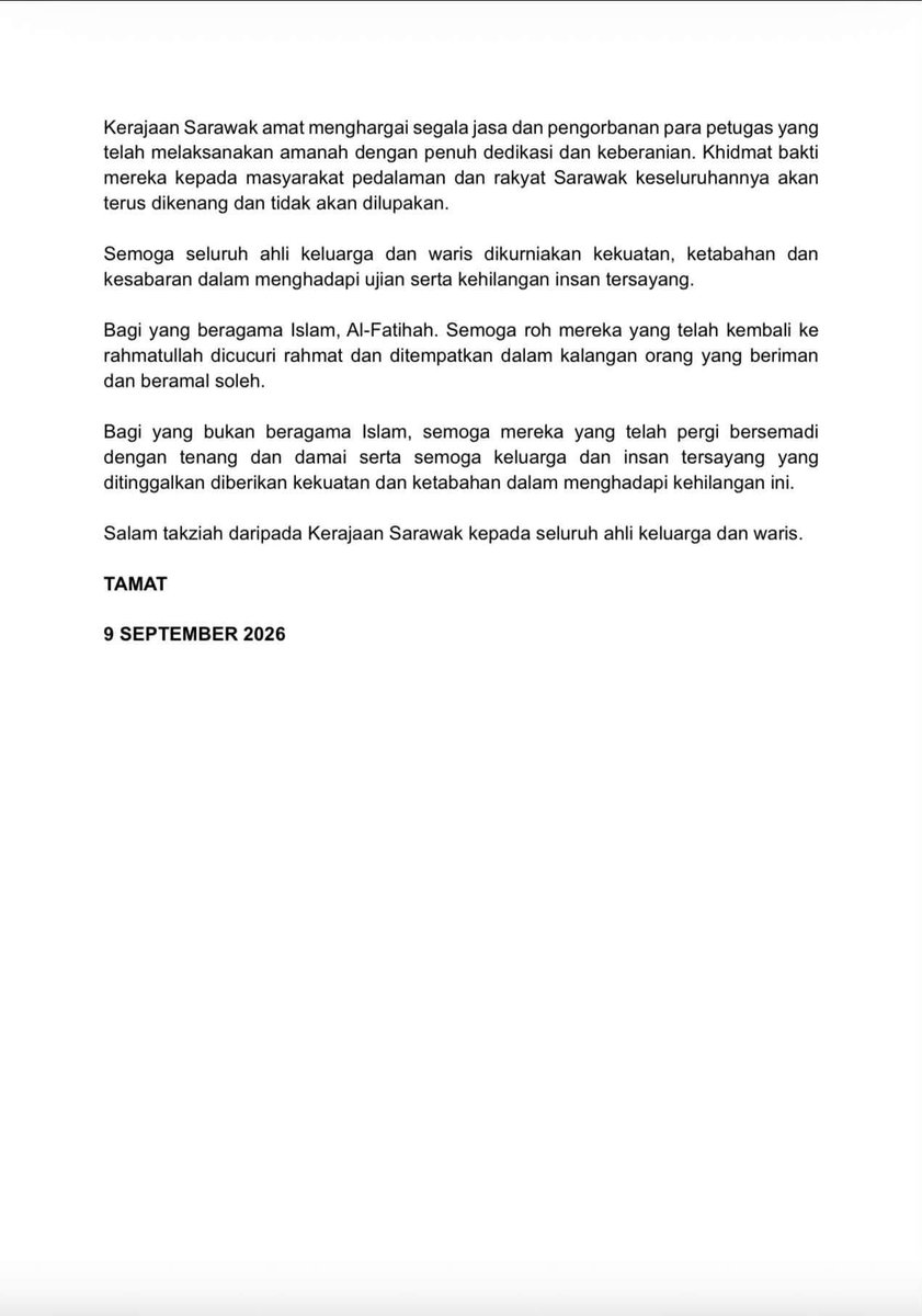 datukhensem's tweet photo. Kerajaan Sarawak akan menyalurkan sumbangan sebanyak RM100,000 kepada setiap keluarga petugas yang terkorban dalam nahas helicopter di Long Lellang, Sarawak.

Kerajaan Sarawak juga akan menanggung sepenuhnya yuran pendidikan anak anak mangsa yang masih bersekolah. 

Salam takziah https://t.co/BUMVFqBQ7e