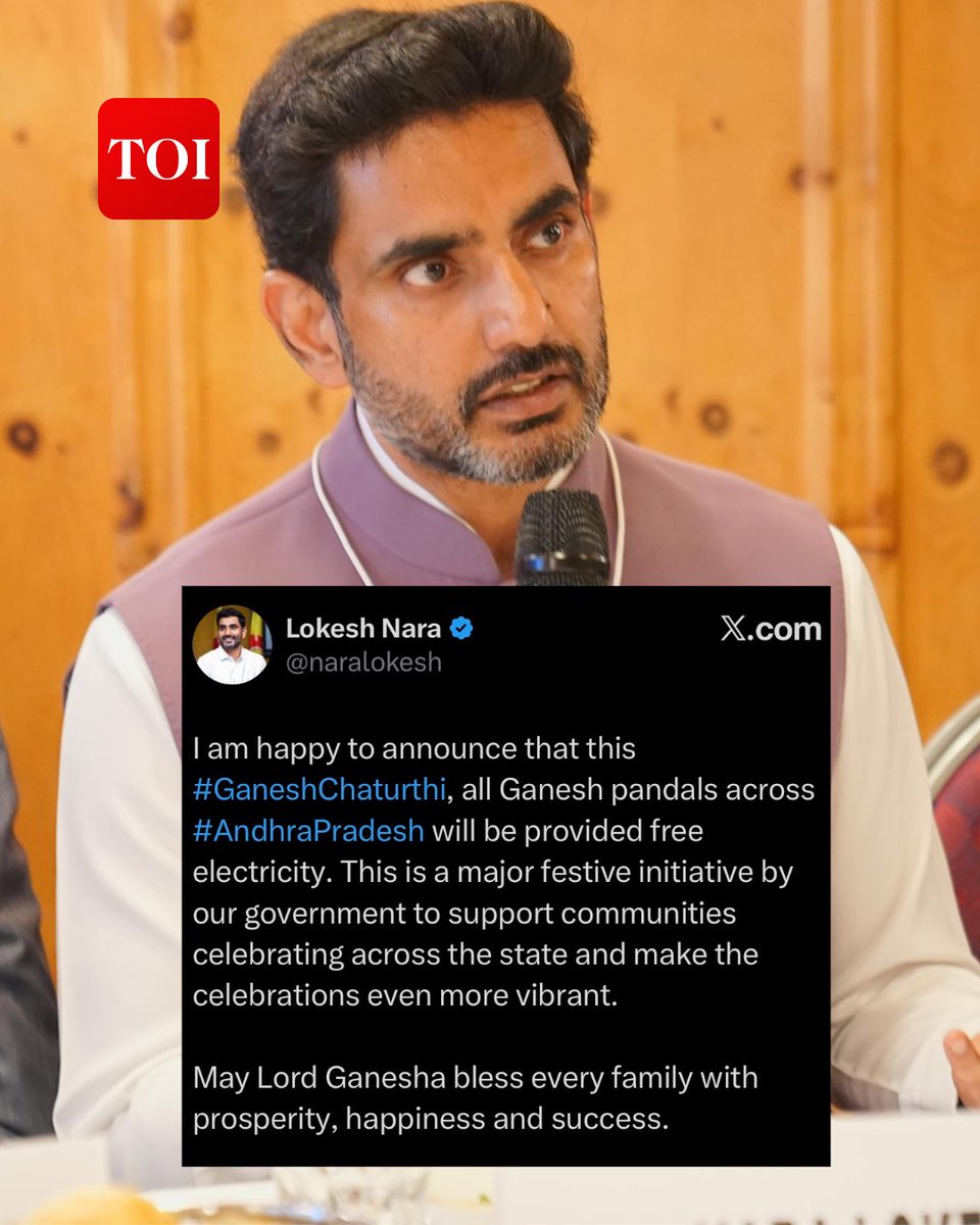 TOIAndhra's tweet photo. No power bill for Ganesh pandals this Chaturthi! 

Andhra Pradesh govt announces free electricity for all Ganesh pandals across the state, says minister Nara Lokesh.

A festive relief for organisers as celebrations get underway. 🐘✨

#AndhraPradesh #GaneshChaturthi #NaraLokesh https://t.co/u3MvuMrmwu