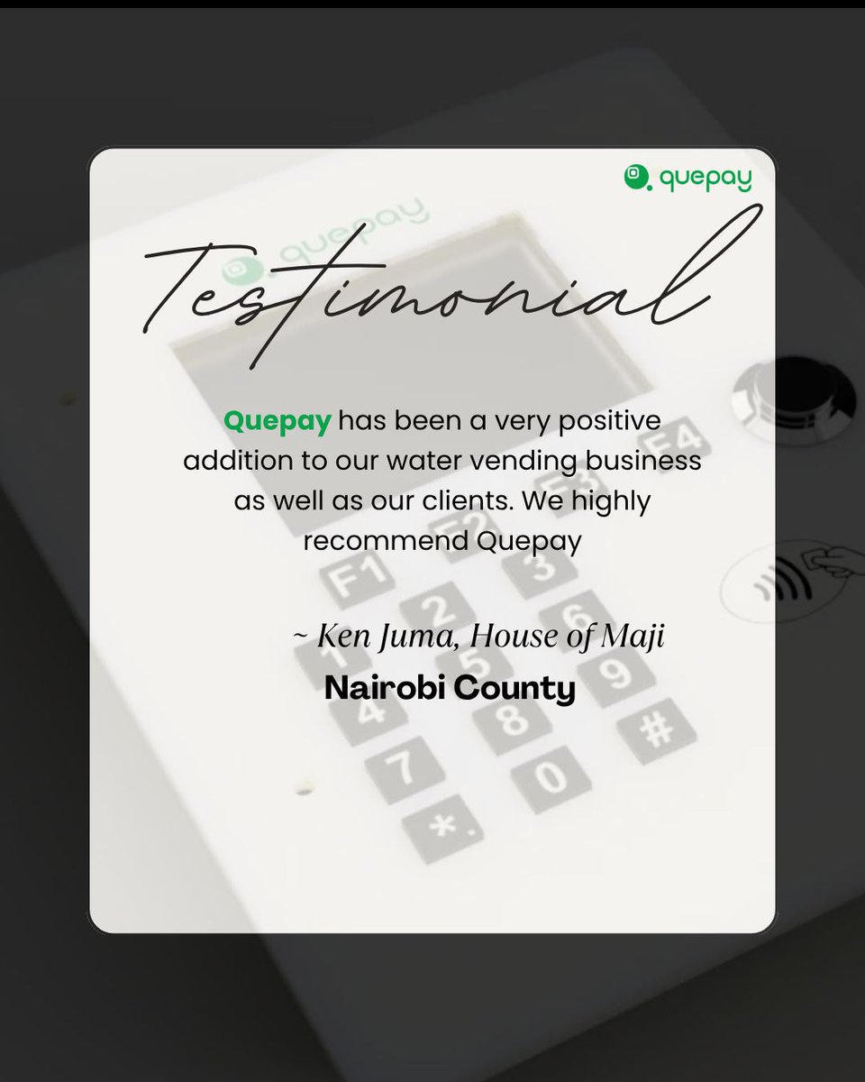 QuePayApp's tweet photo. "QuePay has been a positive addition to my business,” notes Ken. You too can unlock seamless payments and growth with QuePay. Contact us today at 0705876339. https://t.co/Ezaihl6lhA