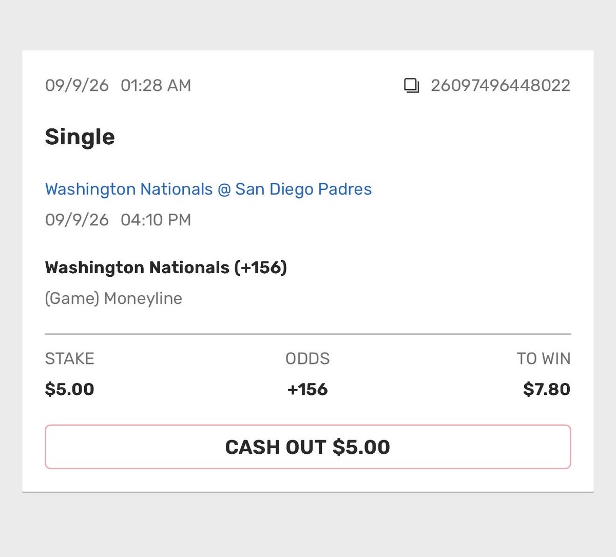 TheVelvetEdge_'s tweet photo. Day 1 of the $5 → $1K challenge.

Nationals ML +156 at Bovada.

Our trigger was +155. We got the number, so we’re in.

Risk: $5
To win: $7.80
If it hits: $12.80

Every result stays up. No chasing bad prices.

#MLB #MLBPicks #SportsBe https://t.co/kx5ah9wAxz