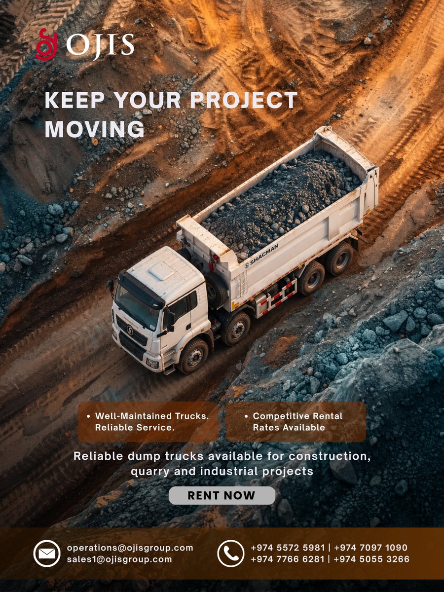 Ojis_Qatar's tweet photo. 🚛 Keep your project moving with reliable dump trucks!
✅ Competitive rates
✅ Reliable service
✅ Ideal for construction, quarry &amp; industrial projects
📲 Rent now!
📞 +974 5572 5681 | +974 7097 1090
📧 operations@ojisgroup.com
#OJISGroup #DumpTrucks #TruckRental #Qatar https://t.co/nkx9l6F6xV
