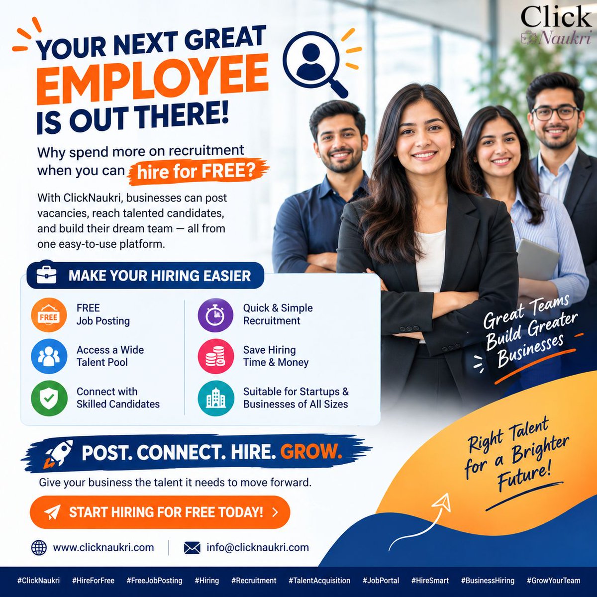 ClickNaukri's tweet photo. 🚀 YOUR NEXT GREAT EMPLOYEE IS OUT THERE!

🎯 Post. Connect. Hire. Grow.
📢 Start Hiring for FREE Today!

🌐 https://t.co/fLy15trnOF
📧 info@clicknaukri.com

ClickNaukri – Connecting Businesses with the Right Talent.

#ClickNaukri #FreeJobPosting #HireSmart #Recruitment https://t.co/2Q5zBcExWs