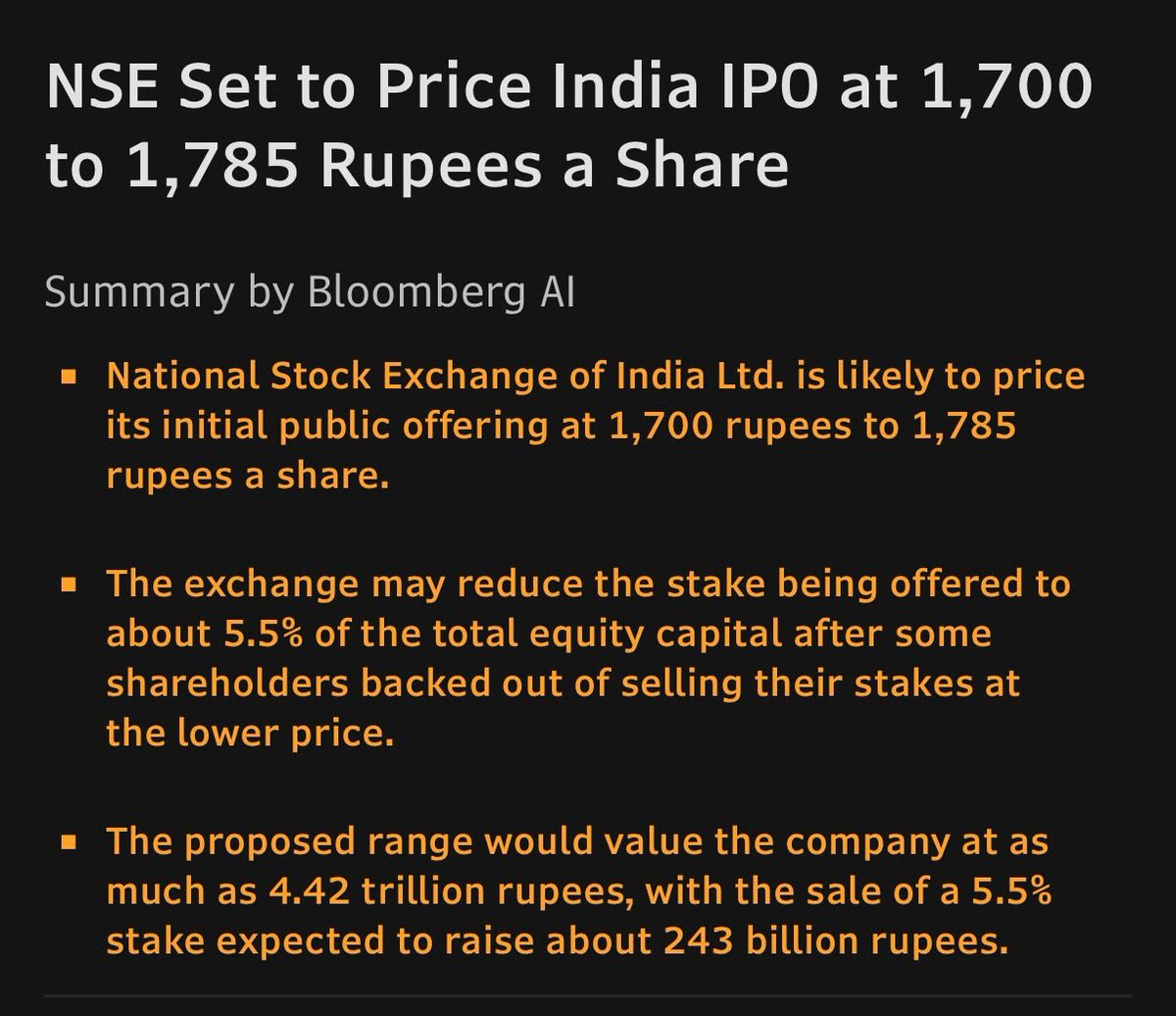 yatinmota's tweet photo. NSE IPO size reduced as many investors for OFS have pulled out selling stake at lower prices 

NSE likely to sell 5.5% stake in IPO vs earlier 6% proposal as per Bloomberg Report 

Unlisted shares trading at a premium to the IPO price band indicated in the report #NSE #NIFTY https://t.co/XS5oq8AyoV