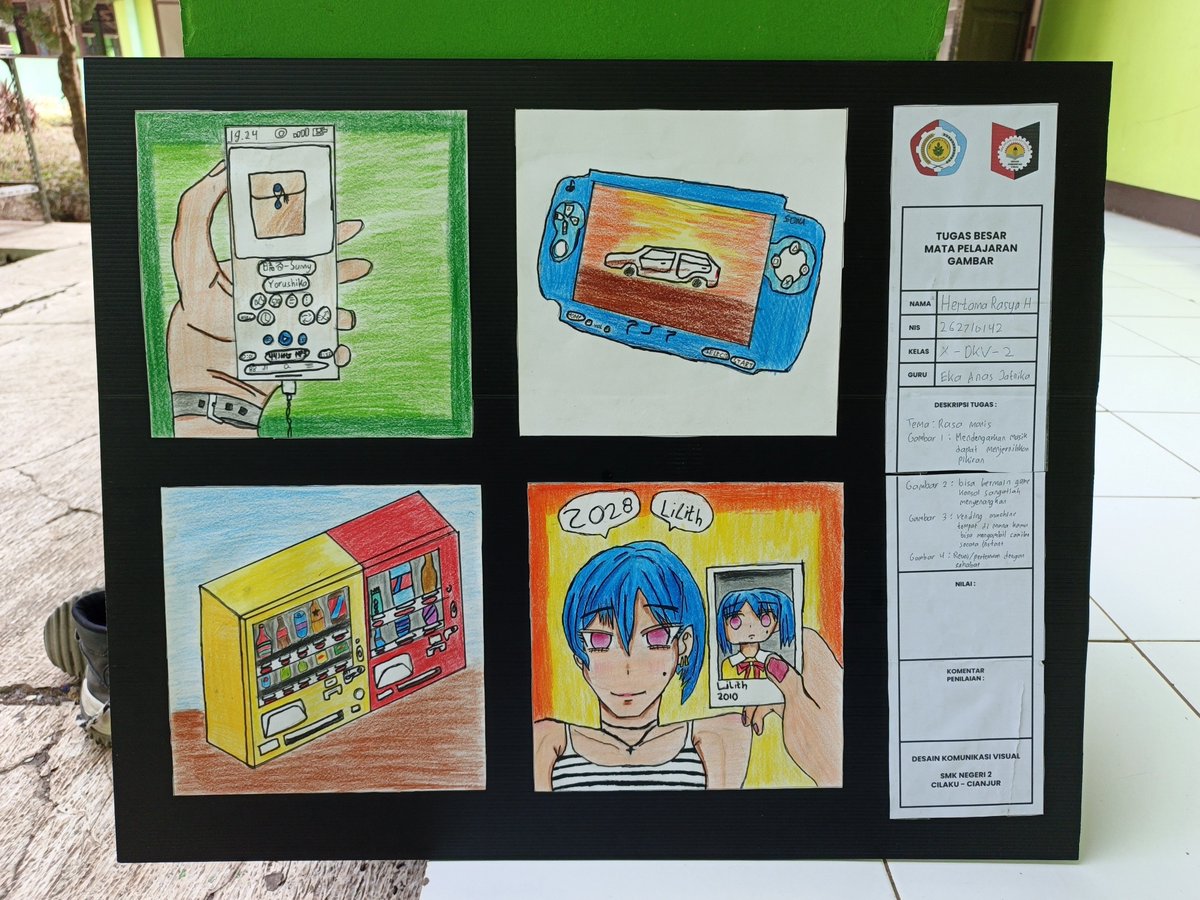 HanafudaOchama's tweet photo. Tugas besar DKV
Tema "manis"
Gambar 1 menggambarkan seseorang mendengarkan irama yang menjernihkan pikiran
Gambar 2 Konsol PSP bermain game yang menyenangkan! 
Gambar 3 Vending machine tempat keluarnya banyak camilan
Gambar 4 Reuni setelah sekian lama tak bertemu https://t.co/tMIJ4WpPes