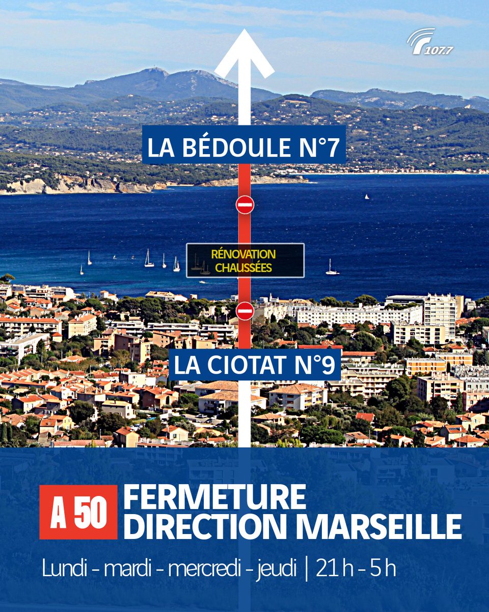 Radio1077's tweet photo. Dans les Bouches-du-Rhône, l'autoroute A50 sera fermée❌, en direction de Marseille, entre La Ciotat n°9 et La Bédoule n°37.

➡️ Emprunter le réseau secondaire
🗓️ Lundi 7, mardi 8, mercredi 9 et jeudi 10/09
🕗 À partir de 21h et au plus tard jusqu'à 5h
🚧Rénovation de la chaussée https://t.co/C6AVrTqI5N