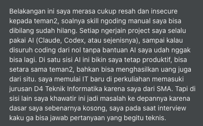 rubiagatra's tweet photo. Teman-teman mahasiswa, ada yang resah dengan skill manual coding di era AI seperti teman kita ini? Aku akan memberi referensi untuk menjawab ini semua dari hacker sampai lecturer.

🧵 https://t.co/RTMqbbjmtL