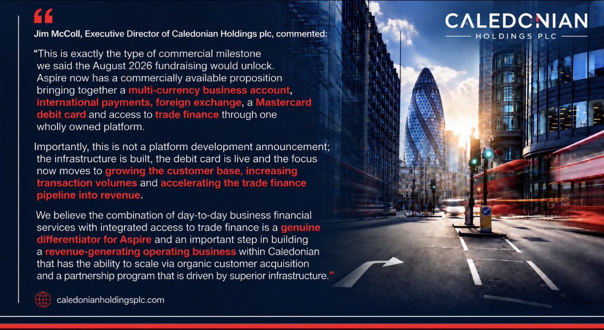 CaledonianPLC's tweet photo. 📢 Another key milestone for #CHP

Aspire commercially launched its enhanced multi-currency business account proposition. 

💳 @Mastercard World Business Debit Card
🌍 Multi-currency accounts &amp; FX
🤝 Trade finance facilities up to £5m

https://t.co/VgOClT68yj https://t.co/Tv2WK4x9bj