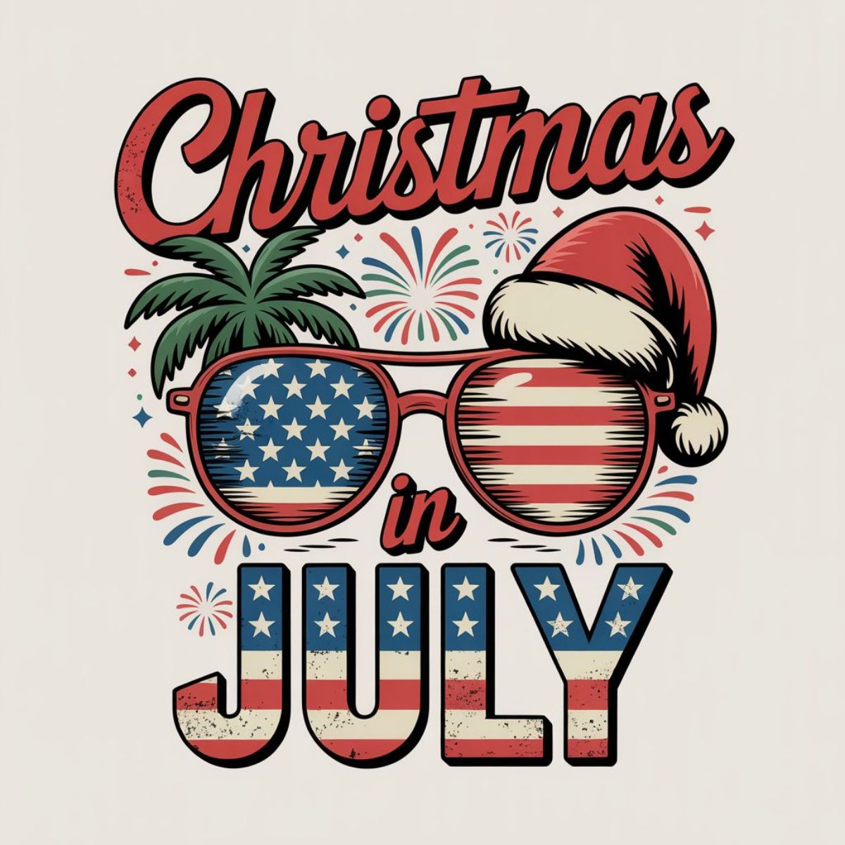 DevorahChmiaoz's tweet photo. Santa’s swapping snow for sunshine this July. Christmas spirit meets summer fireworks in this bold retro design—perfect for Christmas in July parties, BBQs, cruises and all-American celebrations. Why wait until December? https://t.co/cvQphnbZlS
