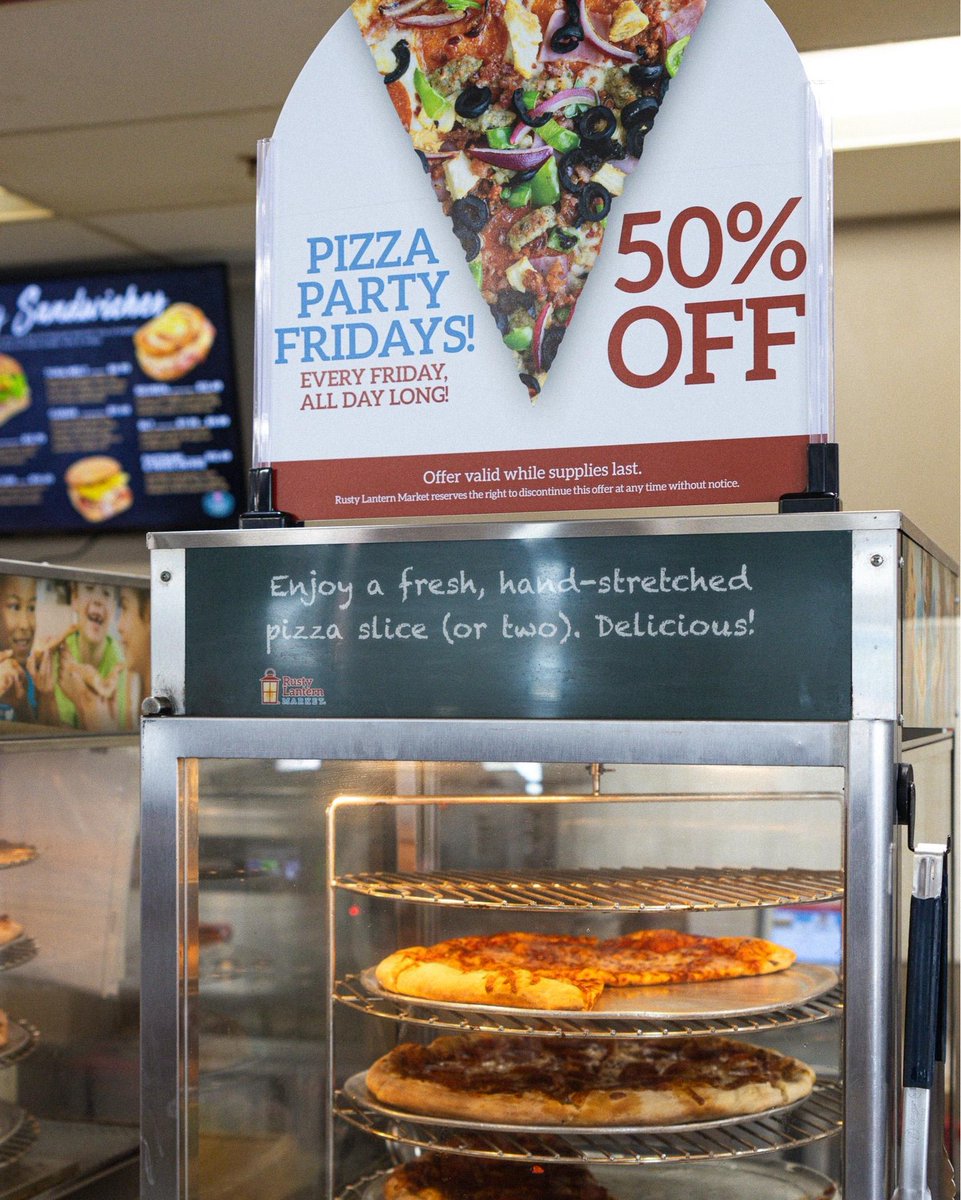 JayeCisewski's tweet photo. Forgot to pack lunch? We’ve got you. Grab a hot, ready-to-go slice and get back to your day. Pizza Party Friday means Rusty Lantern Rewards members save 50% on pizza all day! https://t.co/lEGMlz8csK